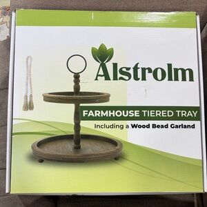 Alstrom Farmhouse Tiered Tray with Wood Bead Garland